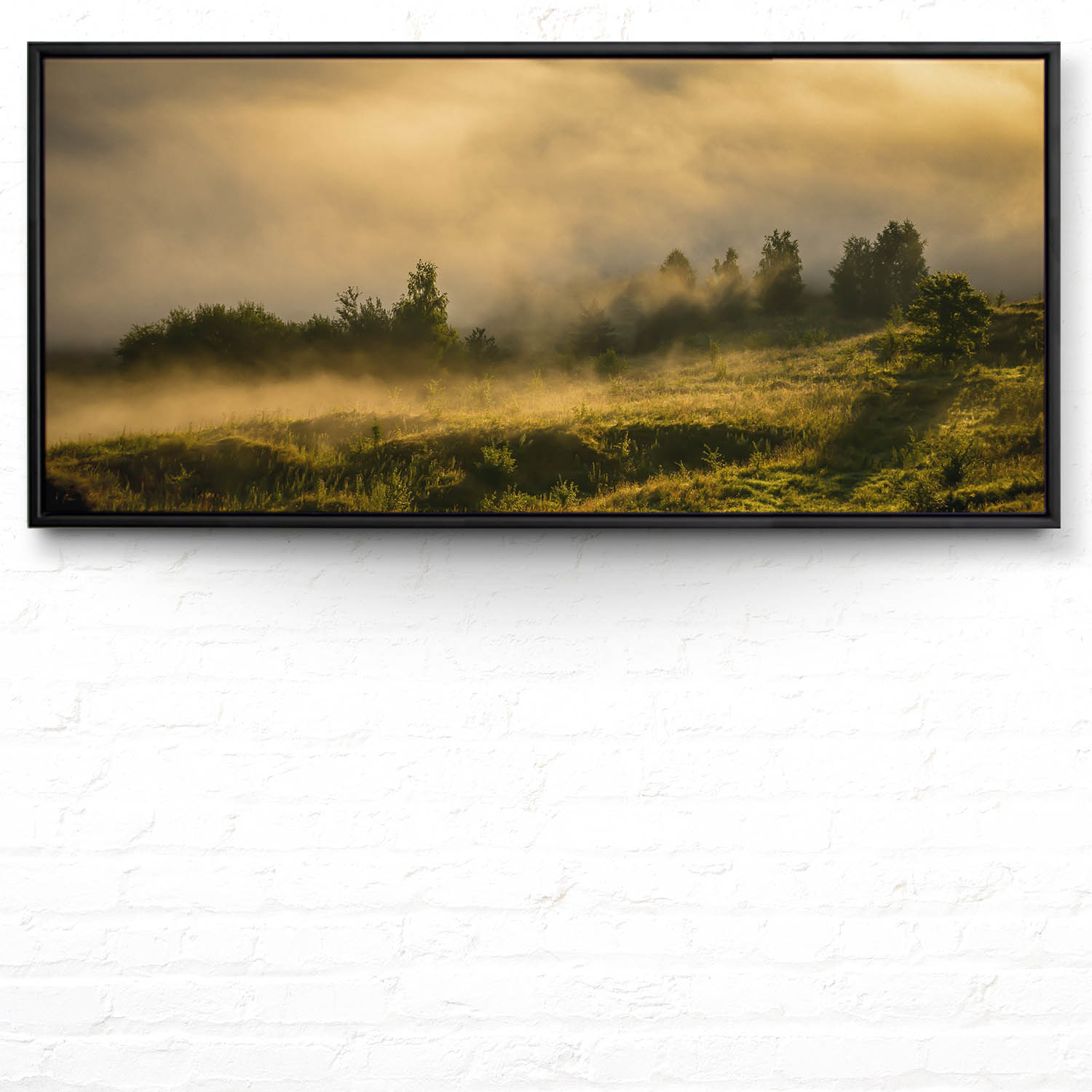 Wald Wiese Nebel am Morgen im schwarzen Bilderrahmen, 110x50cm