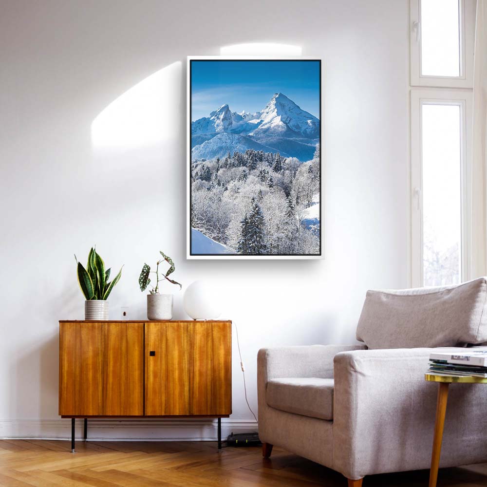Berge & Gebirge Winter in den Alpen im weißen Bilderrahmen, 180x90cm