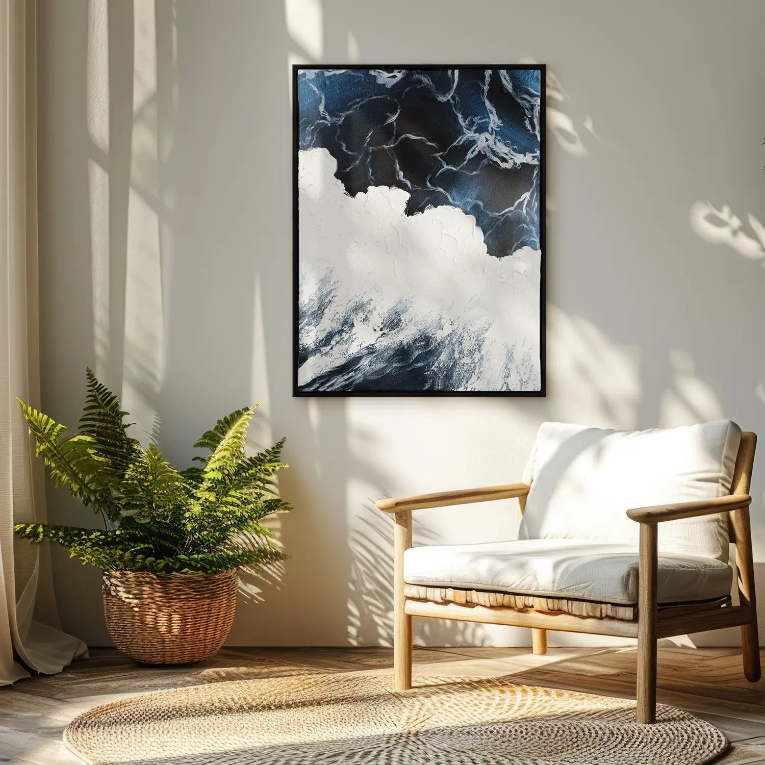 Wandbild 90x120 cm im Schattenfugenrahmen Schwarz, handgemalt mit Acrylfarbe und Strukturpaste – mediterrane Wellen des Lebens II – Polaritäten des Lebens II