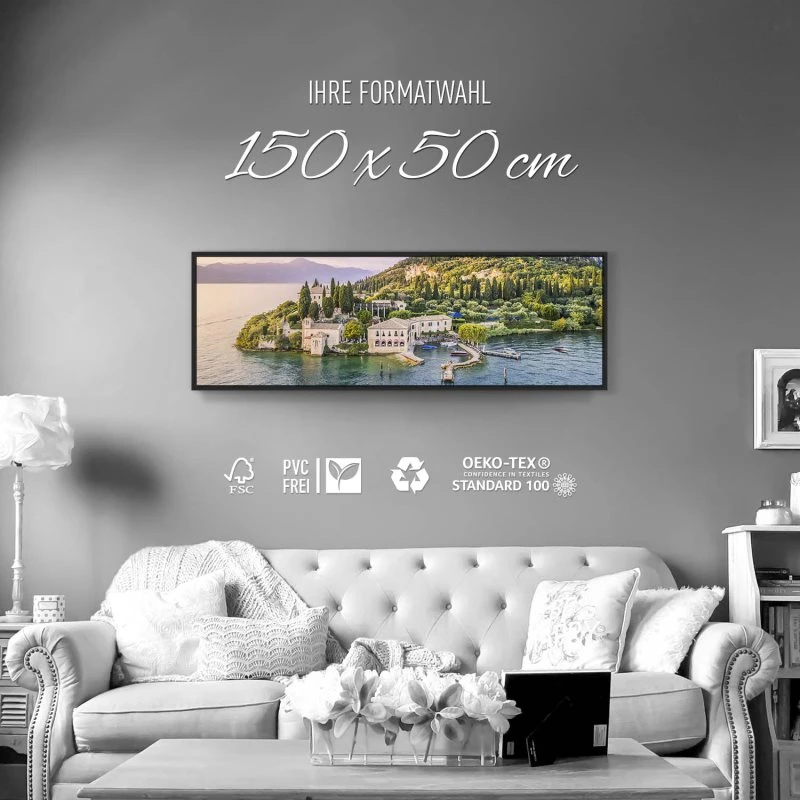 Strand & Meer Punta San Vigilio, Gardasee im schwarzen Bilderrahmen, 150x50cm
