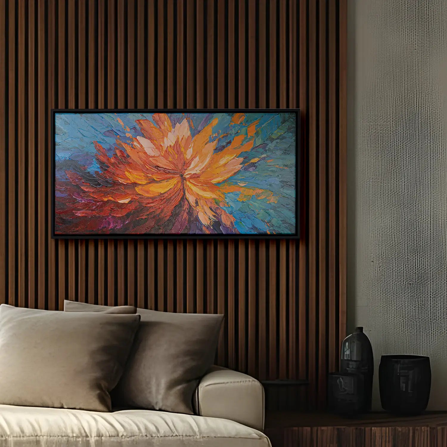 Leinwandbild handgemalt 100x50 cm im Schattenfugenrahmen Schwarz, moderne Explosion im Chaos – „Balance im Chaos“