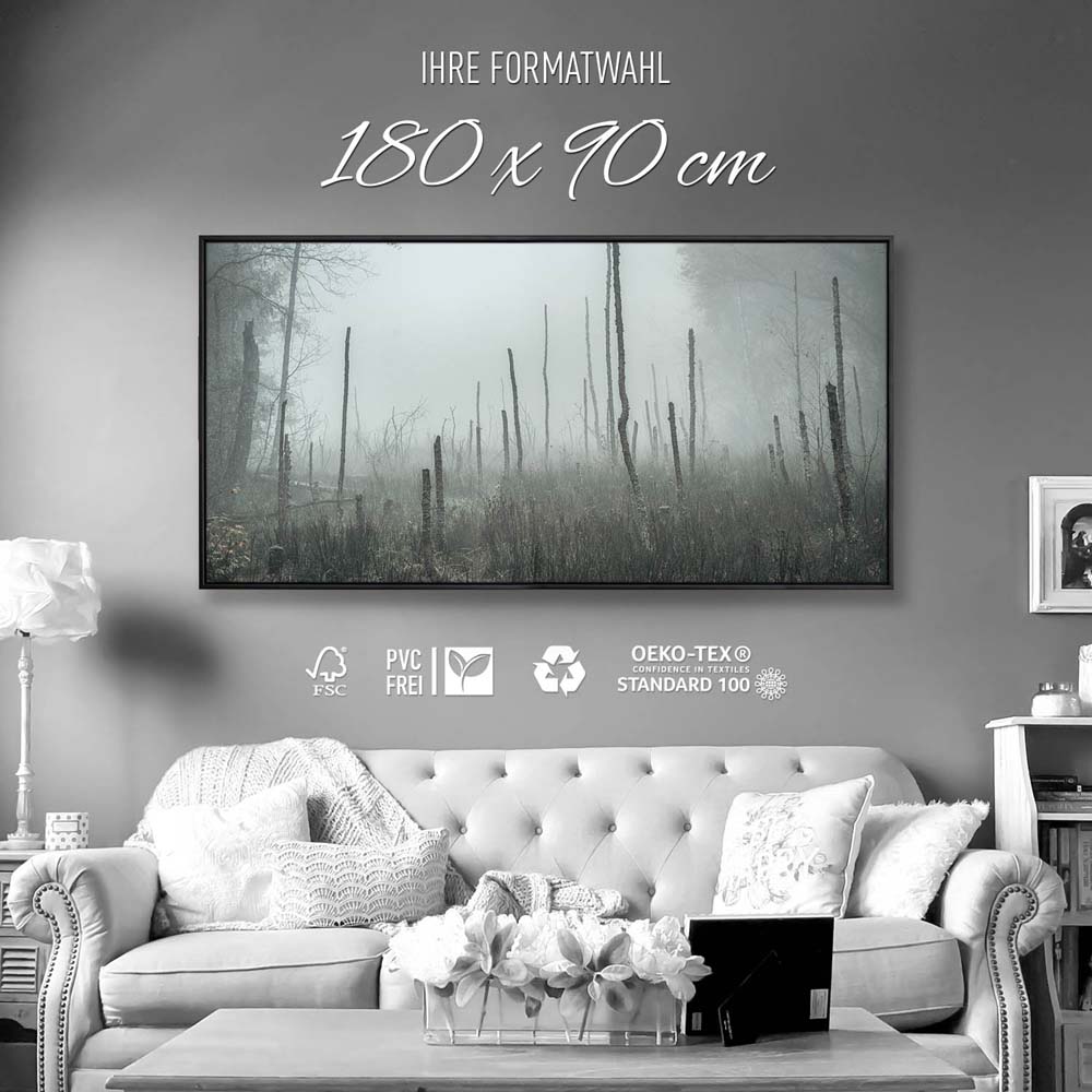 Wald Bäume Sumpfgebiet im schwarzen Bilderrahmen, 180x90cm