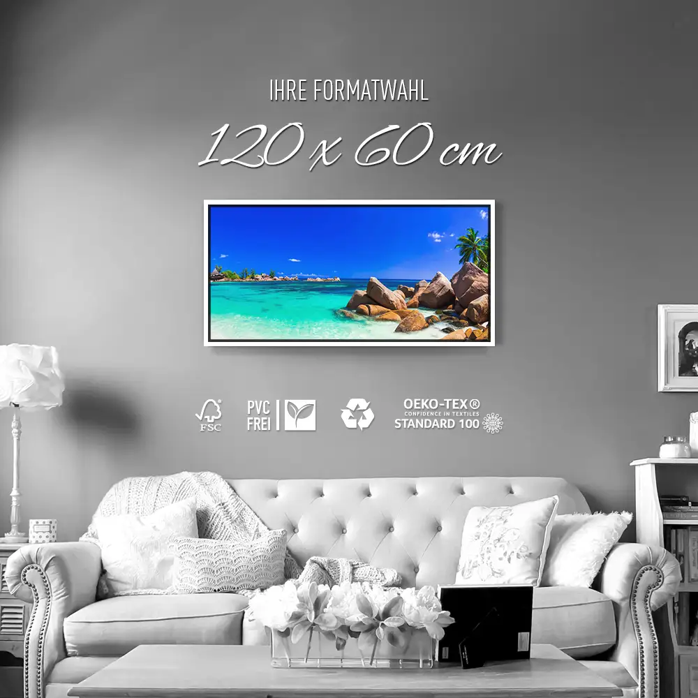 Strand & Meer Insel Praslin Seychellen im weißen Bilderrahmen, 120x60cm
