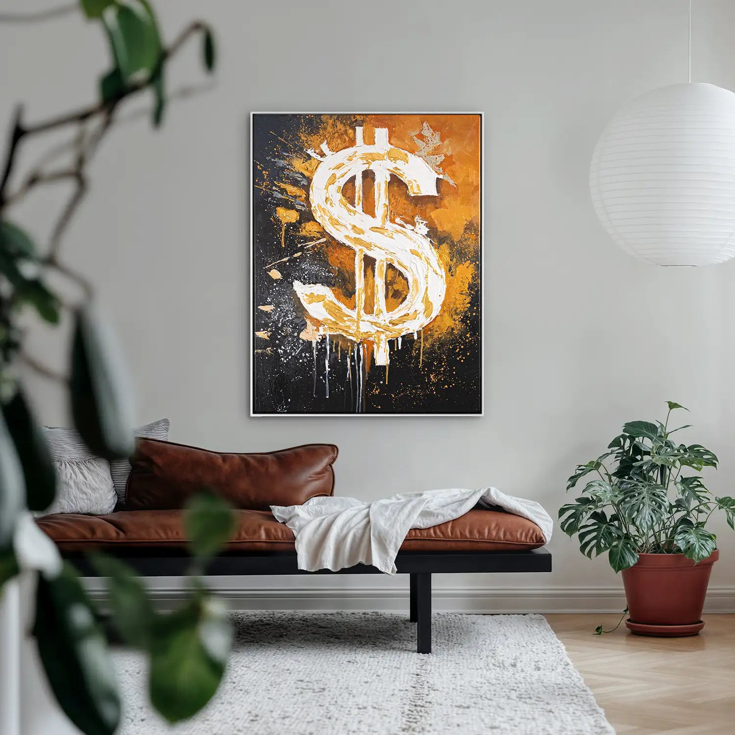 Gemälde 150x200 cm im Schattenfugenrahmen Weiß in Schwarz und Orange – ein abstraktes Spiel von Motivation und Erfolg – „Dollar“