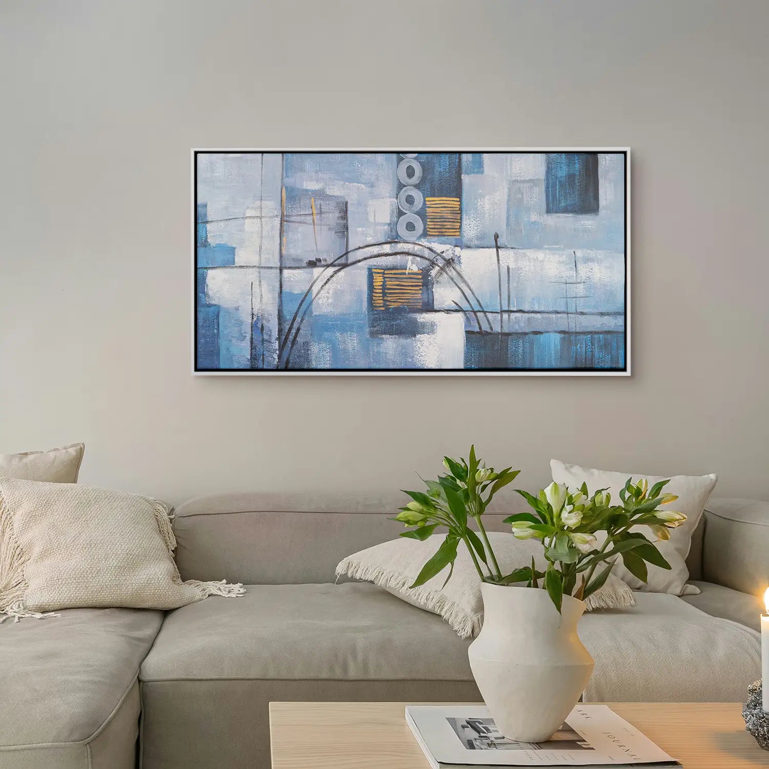 Gemälde 160x80 cm im Schattenfugenrahmen Weiß, abstrakte Strömungen in tiefem Blau – ein Dialog der Intuition und Empfindung – „Wege der Intuition“