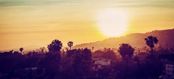 Skyline Los Angeles sunset als Acrylglasverbund Bild 110x50cm