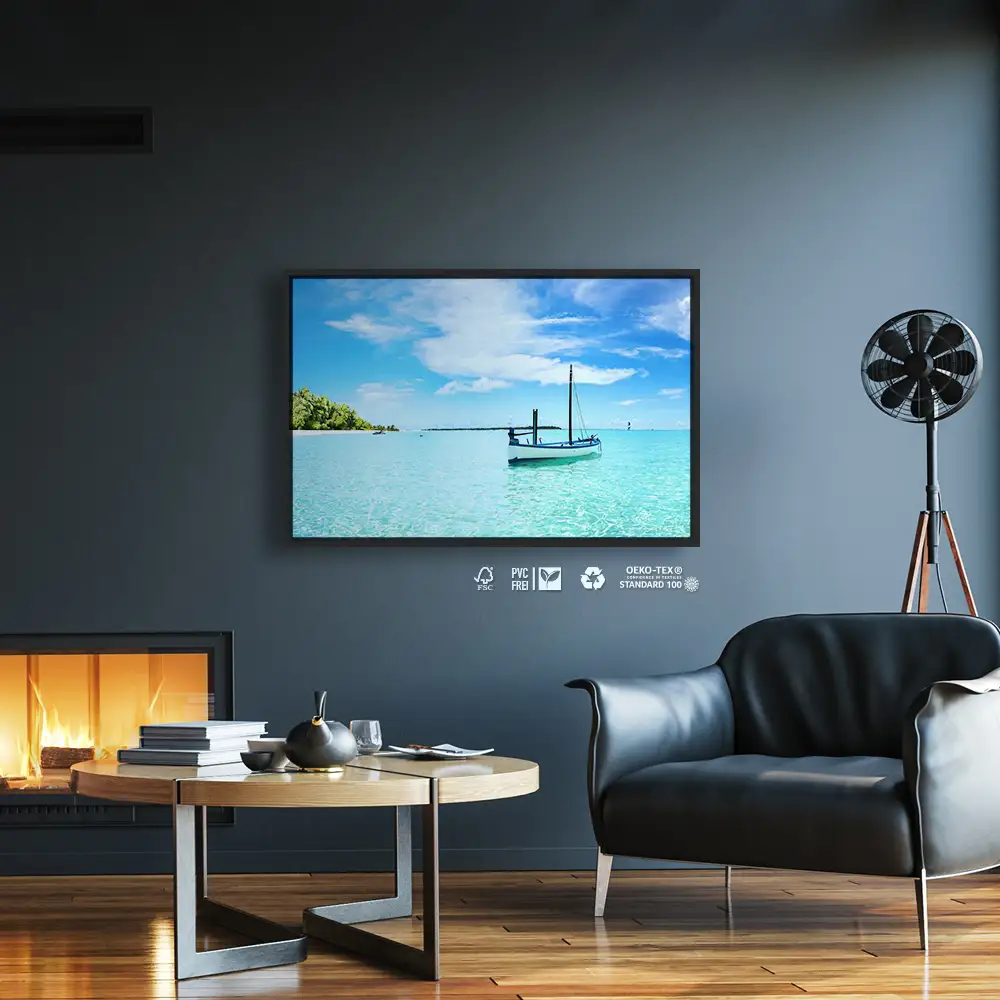 Strand & Meer Karibik Boot im schwarzen Bilderrahmen, 120x60cm