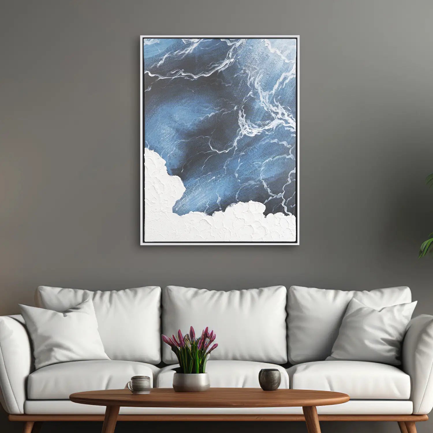 Wandbild 90x120 cm im Schattenfugenrahmen Weiß, handgemalt mit Acrylfarbe, moderne Abstraktion mediterraner Wellen und Meer – „Polarität des Lebens“