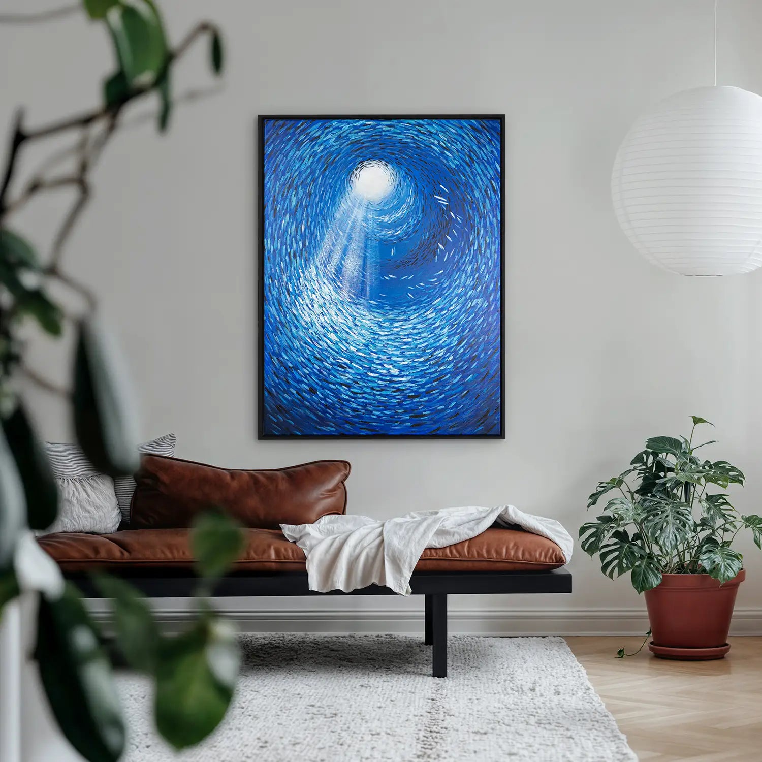 Leinwandbild 150x200 cm im Schattenfugenrahmen Schwarz, handgemalt mit Acrylfarbe, in Abstrakt und modern – mediterrane Wellen des Meeres „Tiefen der Stille“