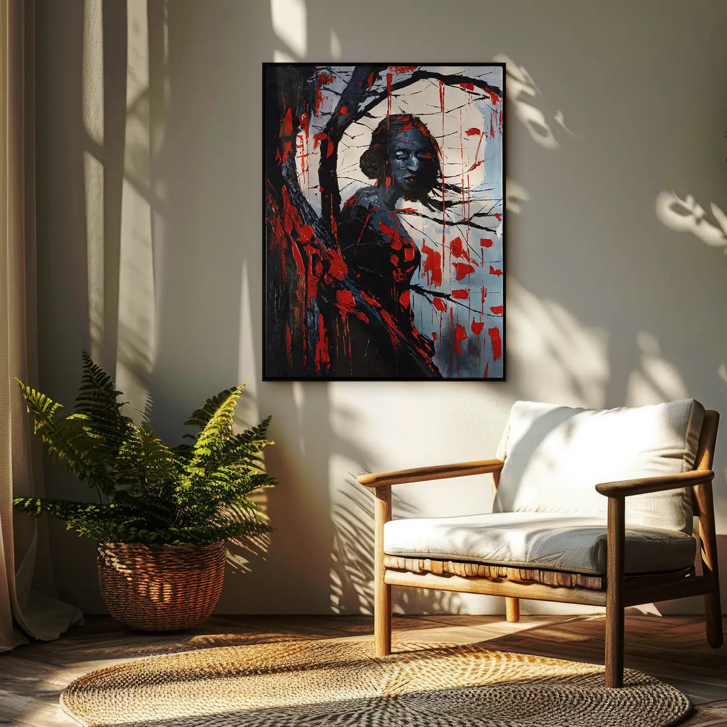 Wandbild 60x80 cm im Schattenfugenrahmen Schwarz in Rot und Schwarz – Abstrakte Verschmelzung von Baum, Frau und Mond in einer gothicartigen Nacht – „Schwarze Phytomorphe“