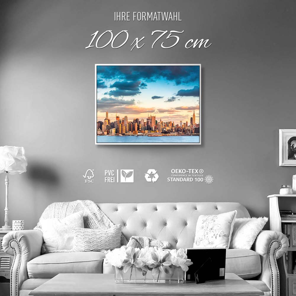 Skyline Panorama von New York im weißen Bilderrahmen, 100x75cm