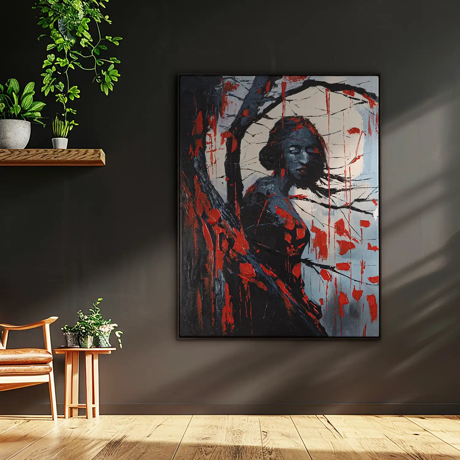 Gemälde 60x80 cm im Rahmen Eiche dunkel in Rot und Schwarz – ein abstraktes Spiel von Baum, Frau und Mond in der Gothic-Nacht – „Schwarze Phytomorphe“