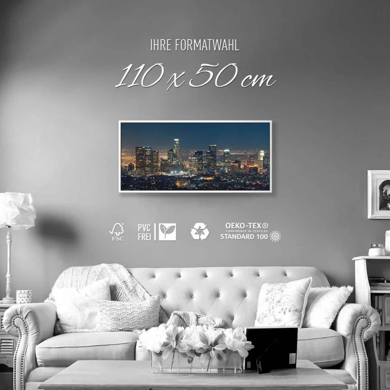 Skyline Los Angeles Nachts im weißen Bilderrahmen, 110x50cm