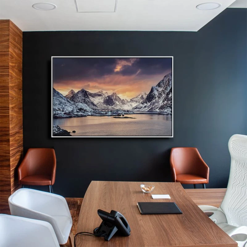 Berge & Gebirge Winter in Norwegen im weißen Bilderrahmen, 150x100cm