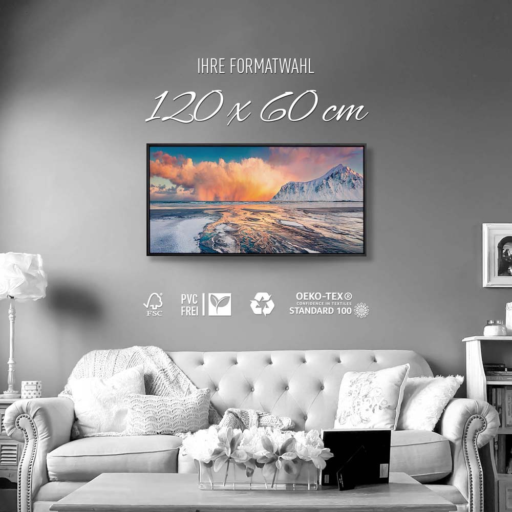 Berge & Meer Norwegen, Skagsanden beach im schwarzen Bilderrahmen, 120x60cm