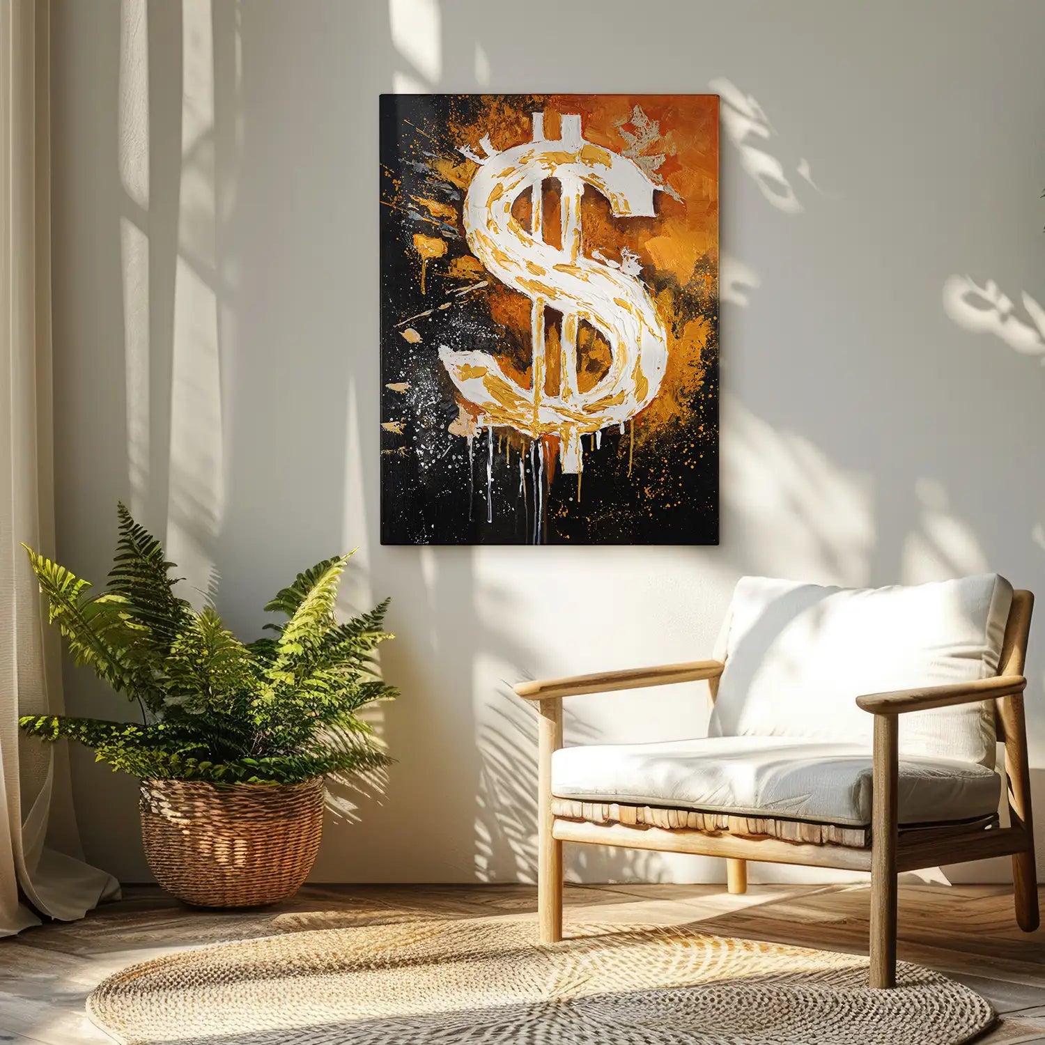 Gemälde 60x80 cm ohne Rahmen in Schwarz und Orange – ein abstraktes Spiel von Motivation und Erfolg, handgemalt mit Acryl und Strukturpaste – „Dollar“