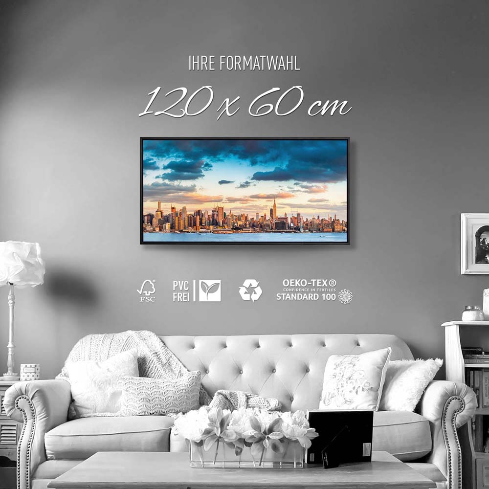 Skyline Panorama von New York im schwarzen Bilderrahmen, 120x60cm