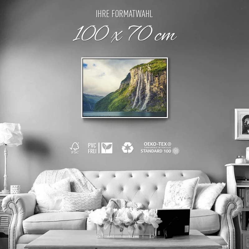 Wasserfall Seven Sisters im weißen Bilderrahmen, 100x70cm
