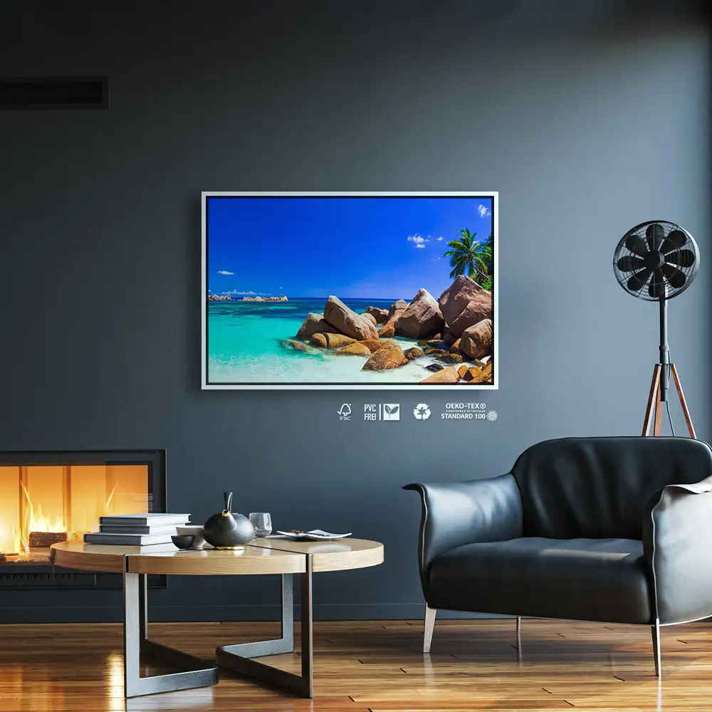 Strand & Meer Insel Praslin Seychellen im weißen Bilderrahmen, 120x60cm