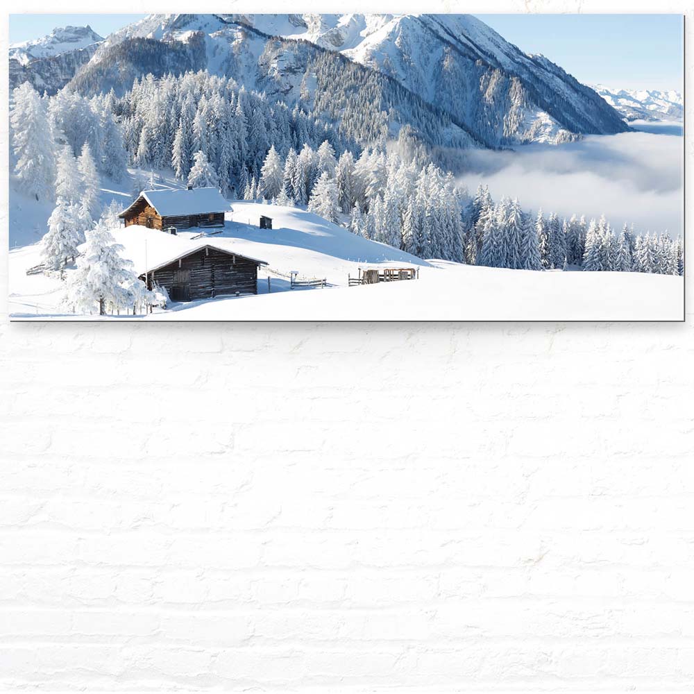 Berge & Gebirge Winterpanorama mit Hütte als Acrylglasverbund Bild 110x50cm
