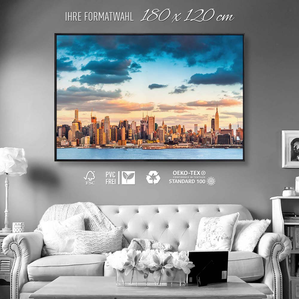 Skyline Panorama von New York im schwarzen Bilderrahmen, 180x120cm