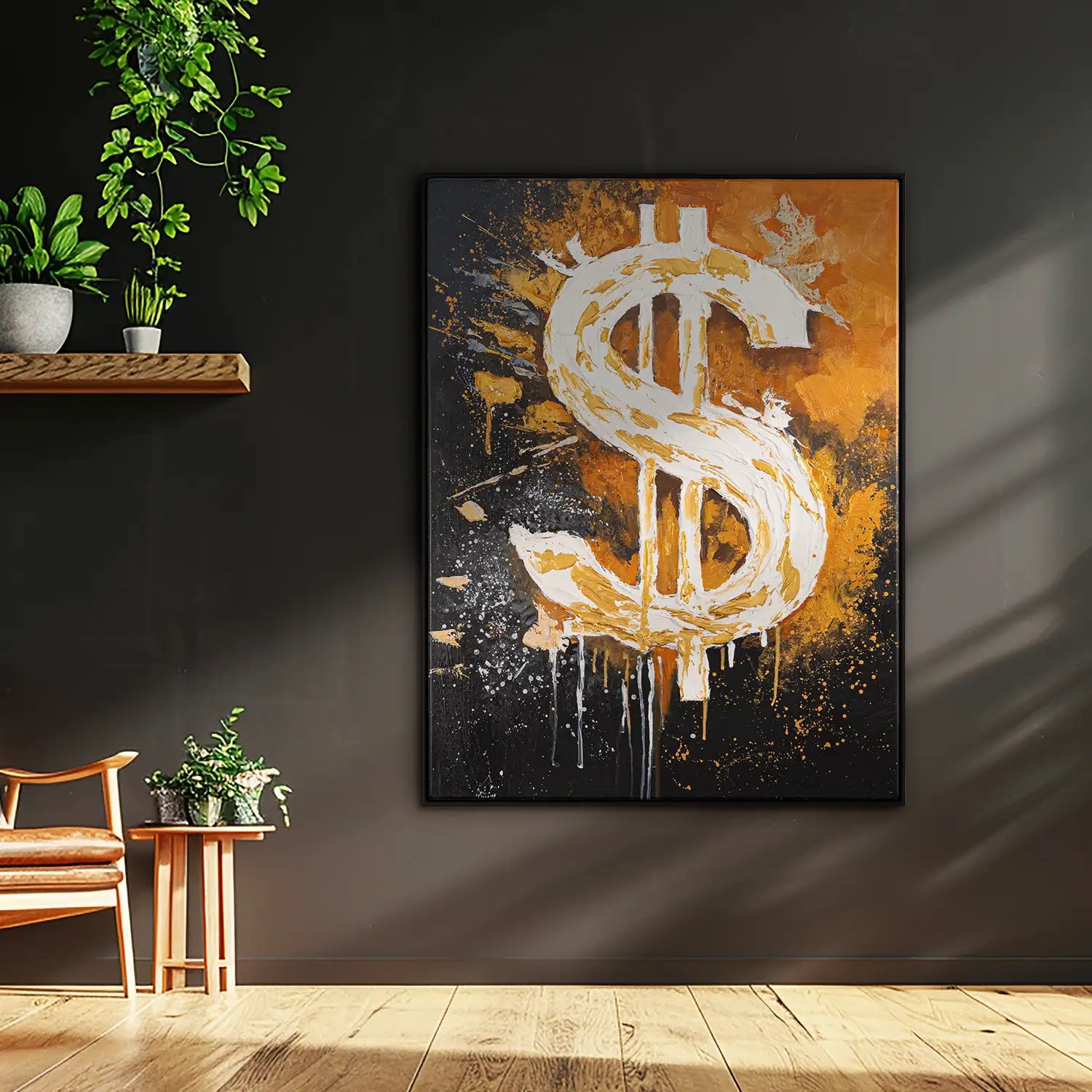 Gemälde 75x100 cm im Schattenfugenrahmen Schwarz in Orange und Schwarz – ein abstraktes Spiel von Motivation und Erfolg – „Dollar“