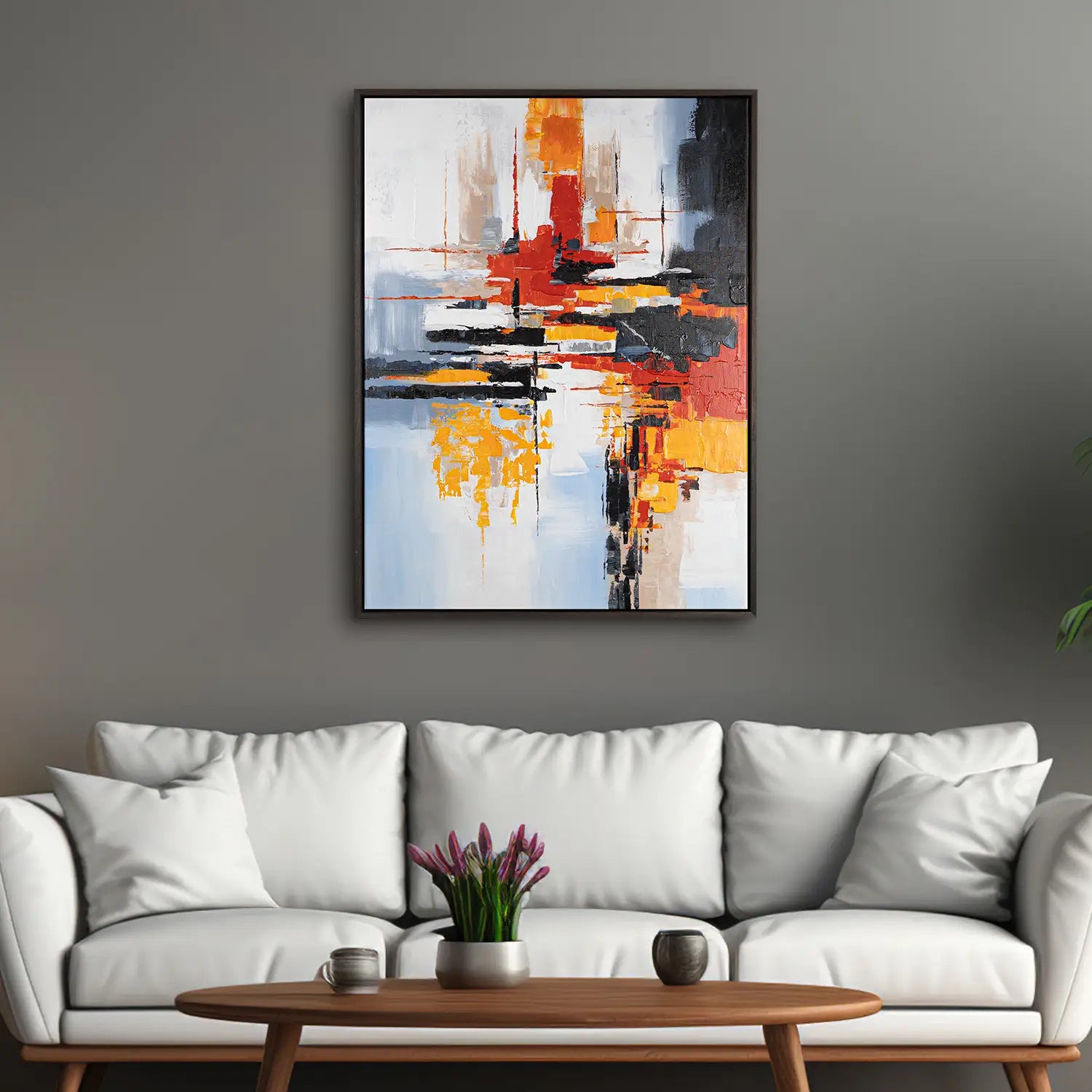handgemaltes Gemälde 120x160 cm im Rahmen Eiche dunkel, kraftvolles Spiel aus Acryl und Strukturpaste, modern und abstrakt – „Fragilität des Augenblicks“ mit der Explosion der vergänglichen Schönheit