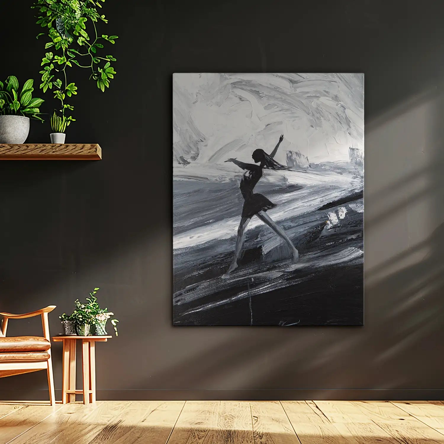 handgemaltes Gemälde 75x100 cm ohne Rahmen, dramatische Eleganz in Schwarz, Weiß und Grau – „Die Tänzerin“