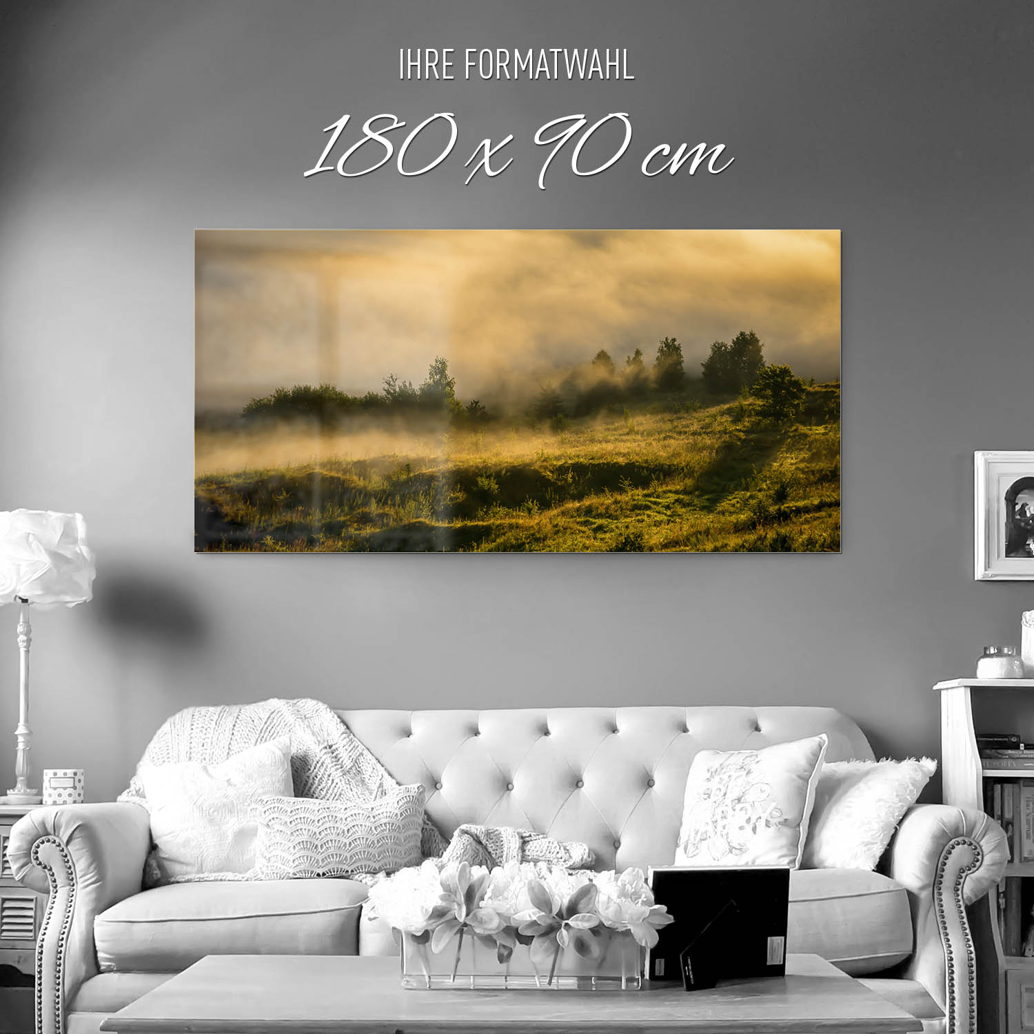 Wald Wiese Nebel am Morgen als Acrylglasverbund Bild 180x90cm