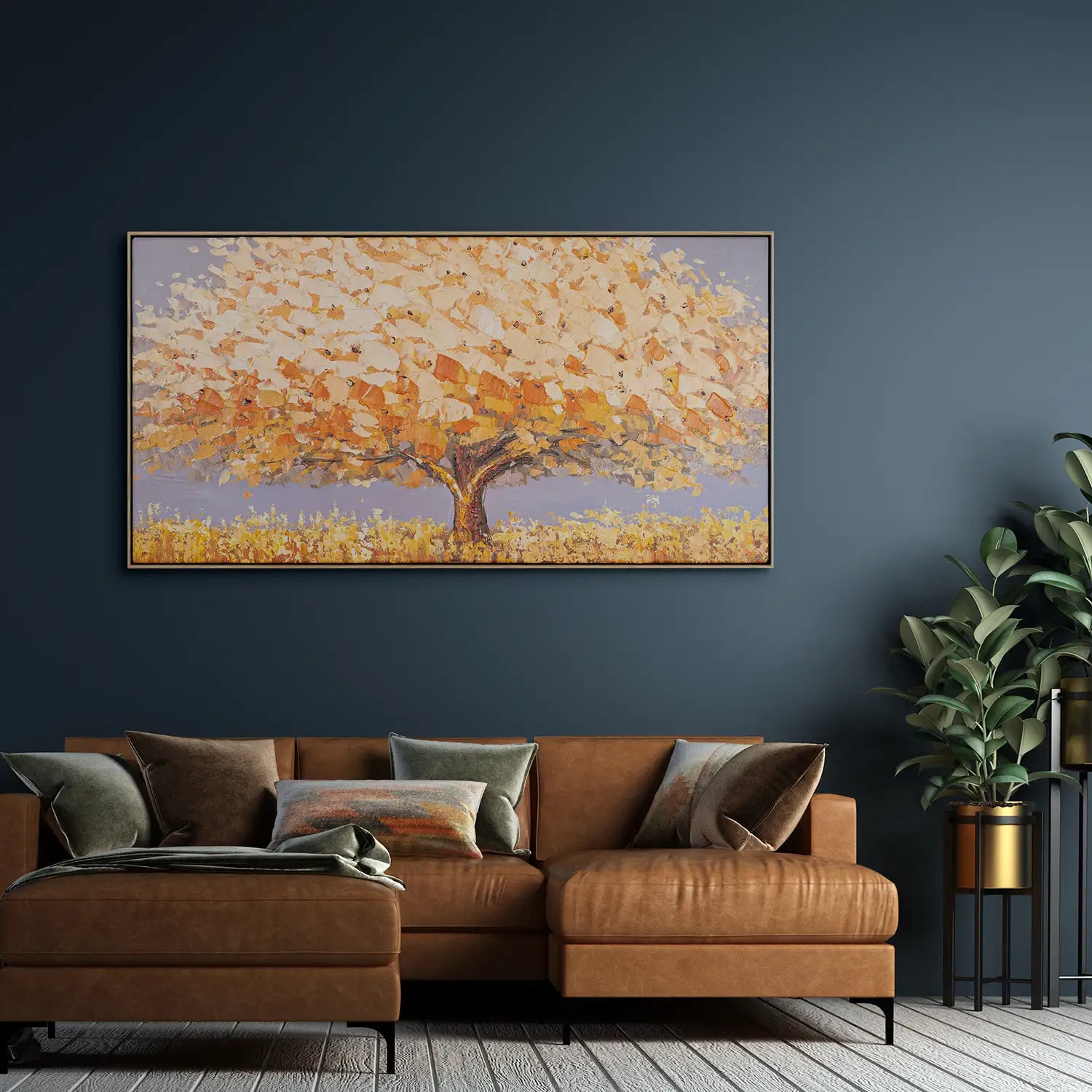 Wandbild 200x100 cm im Rahmen Eiche hell, handgemalt mit Acryl und Strukturpaste – ein abstrakter Baum in leuchtendem Orange und sanftem Beige, der die Dualität der Natur verkörpert – „Dualität der Natur“
