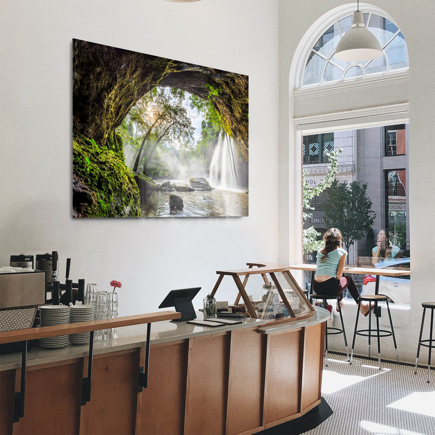 Regenwald Höhlenfall als Acrylglasverbund Bild 110x50cm