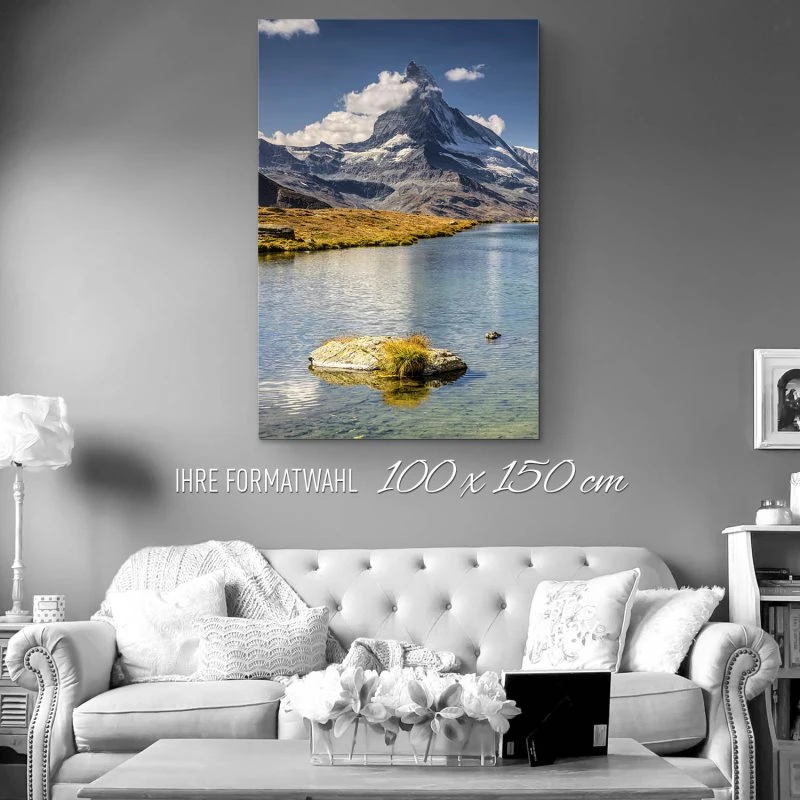XXL Berge & Gebirge Alu-Dibond Bild im Hochformat 100x150cm, Motiv Matterhorn mit See