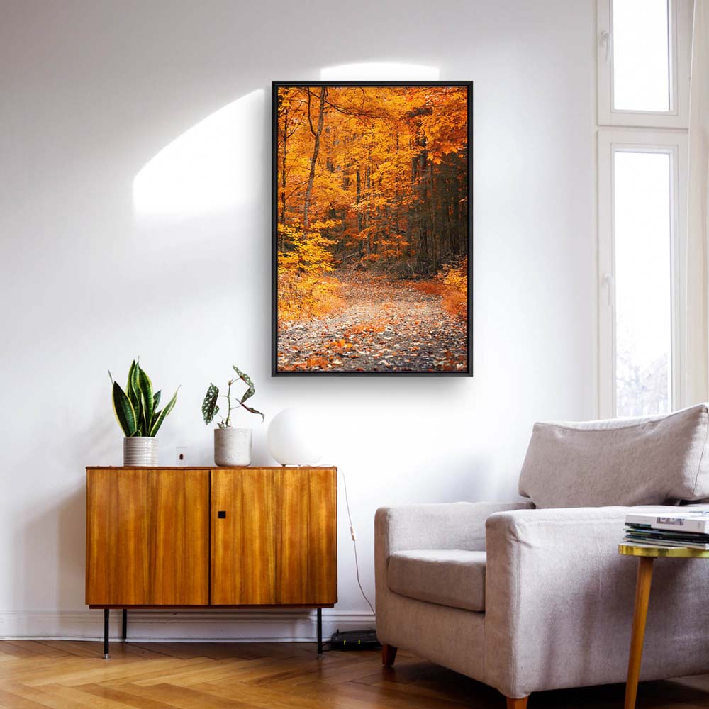 Wald & Bäume Herbst Wanderung II im schwarzen Bilderrahmen, 150x50cm