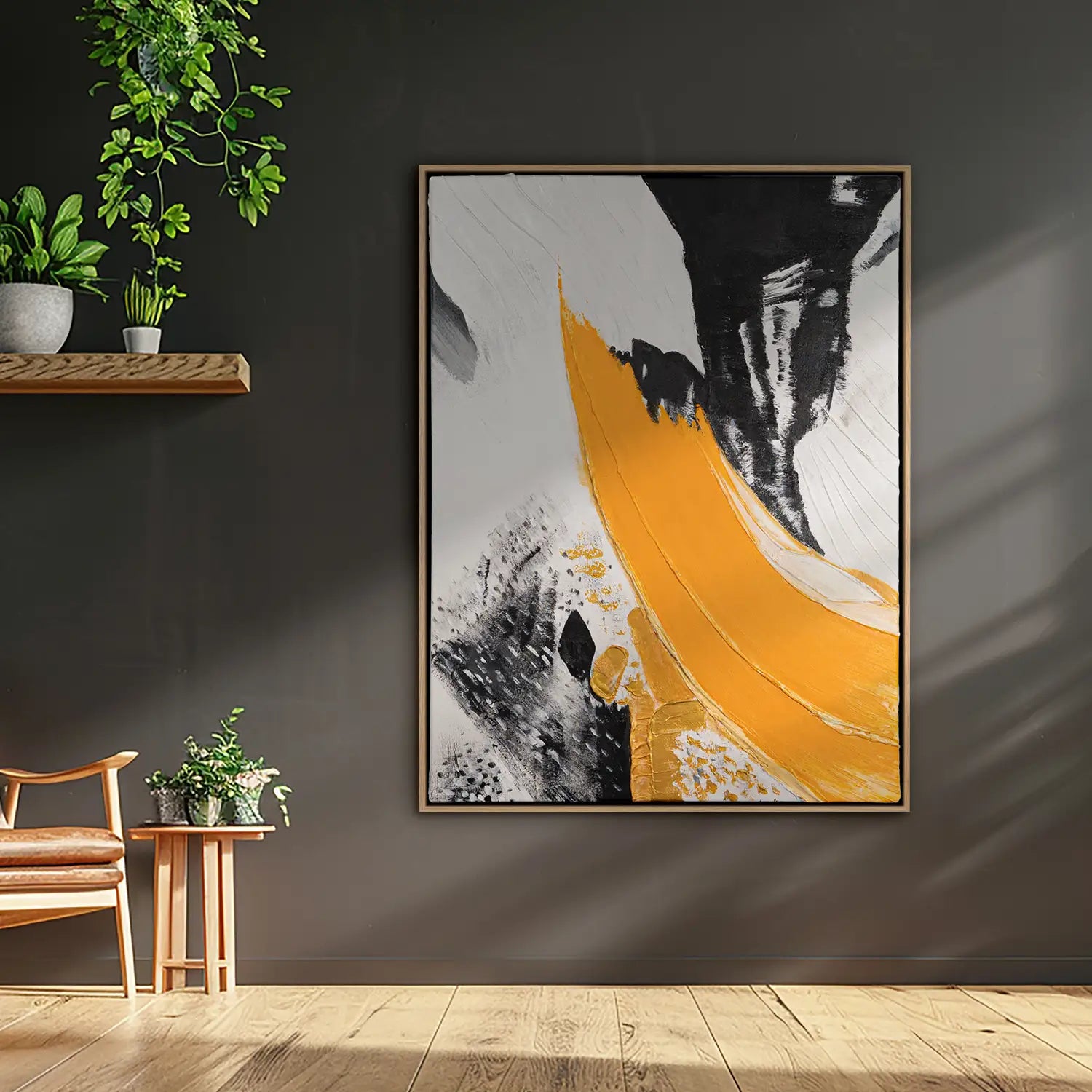 Leinwandbild 90x120 cm im Rahmen Eiche hell, handgemalt mit Acrylfarbe und Strukturpaste, dynamisches Spiel von Licht und Schatten in Abstrakt und modern – „Resonanz des Geistes“