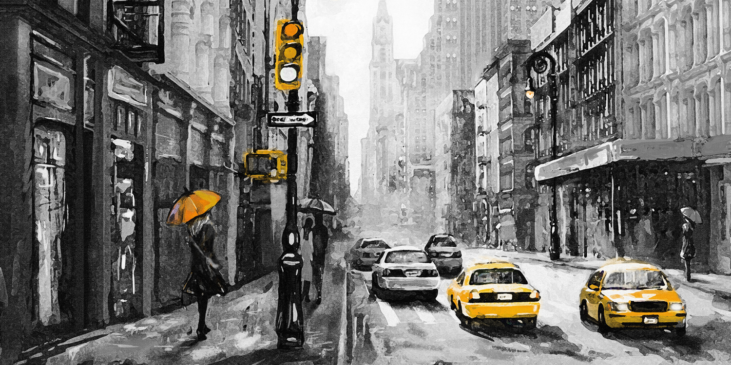 Panorama Acrylglasbild 180x90cm Skyline Gemäldeoptik, schwarz weiß, 