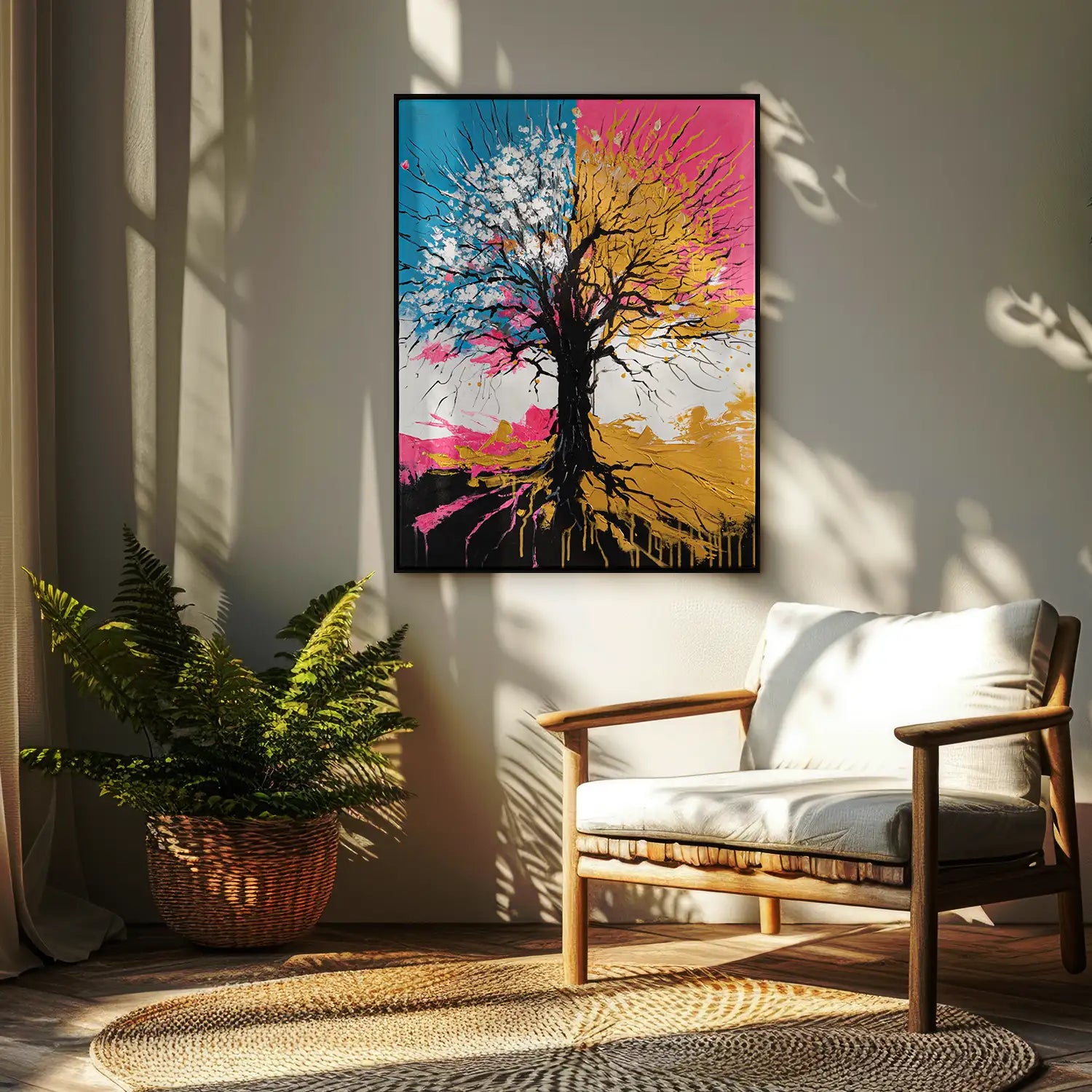 handgemaltes Gemälde 60x80 cm im Schattenfugenrahmen Schwarz – ein Baum als Wächter in Petrol, Pink und Gold – „Chromatischer Wipfel“