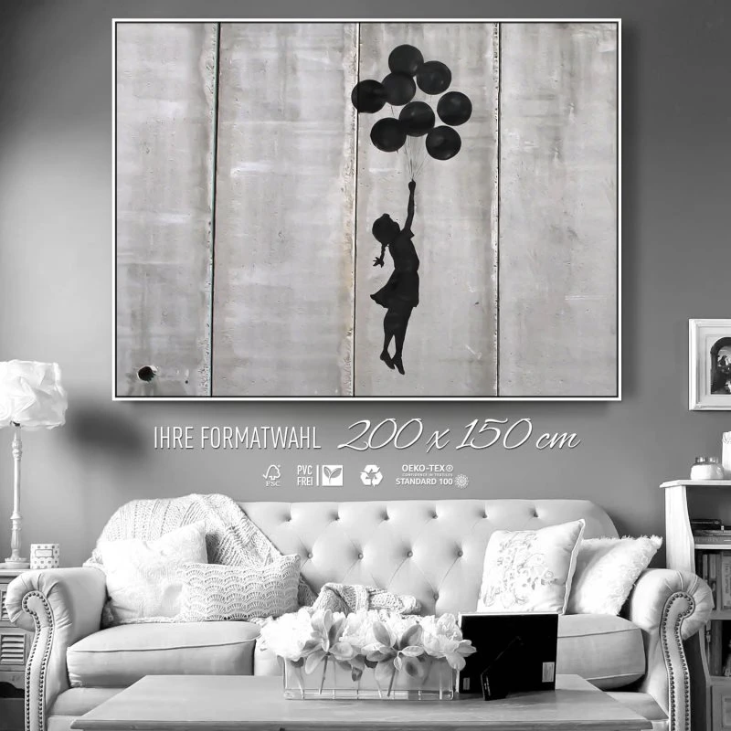 Banksy Girl with ballons im weißen Bilderrahmen, 200x150cm