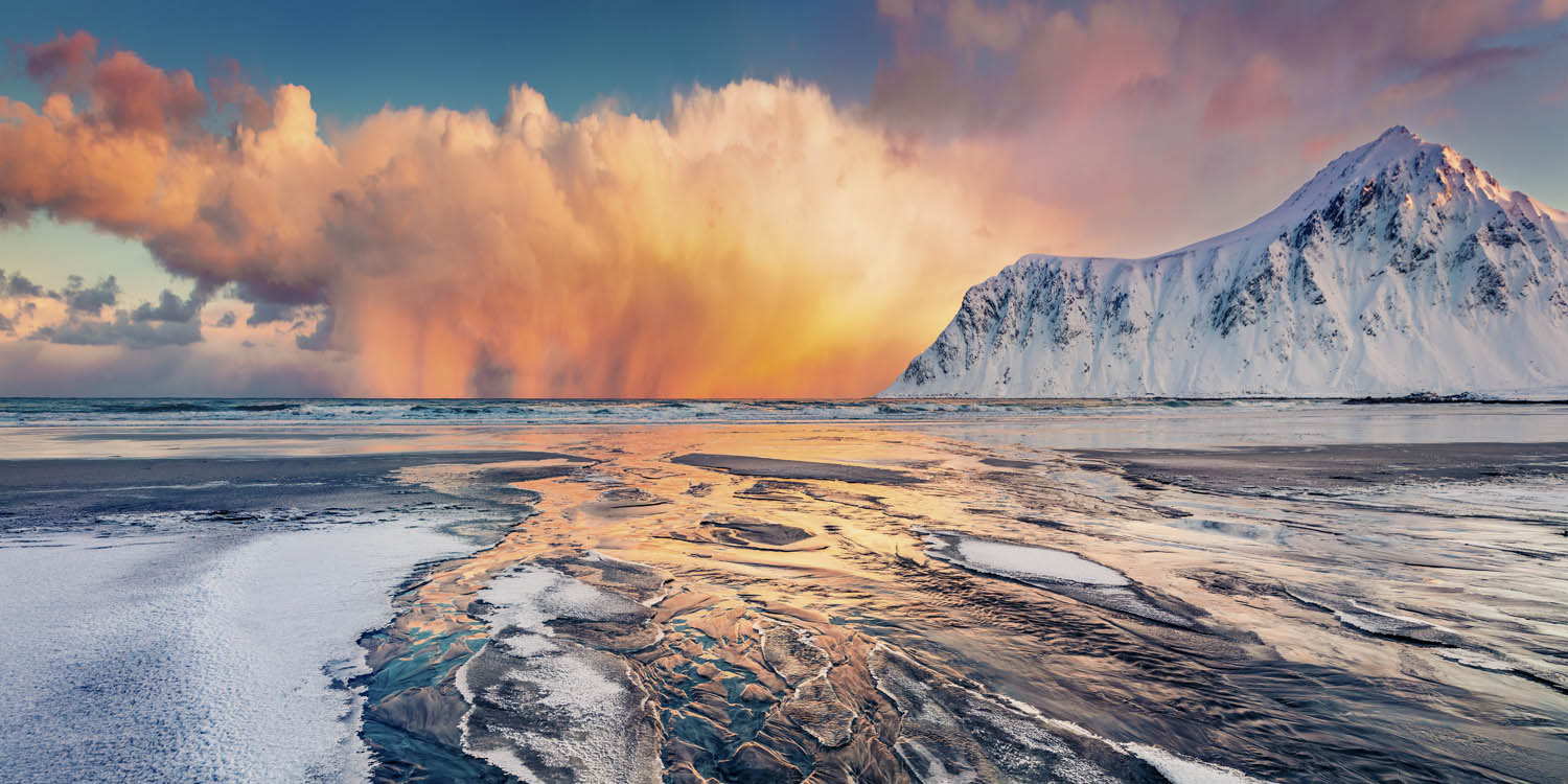 Berge & Meer Norwegen, Skagsanden beach im schwarzen Bilderrahmen, 120x60cm