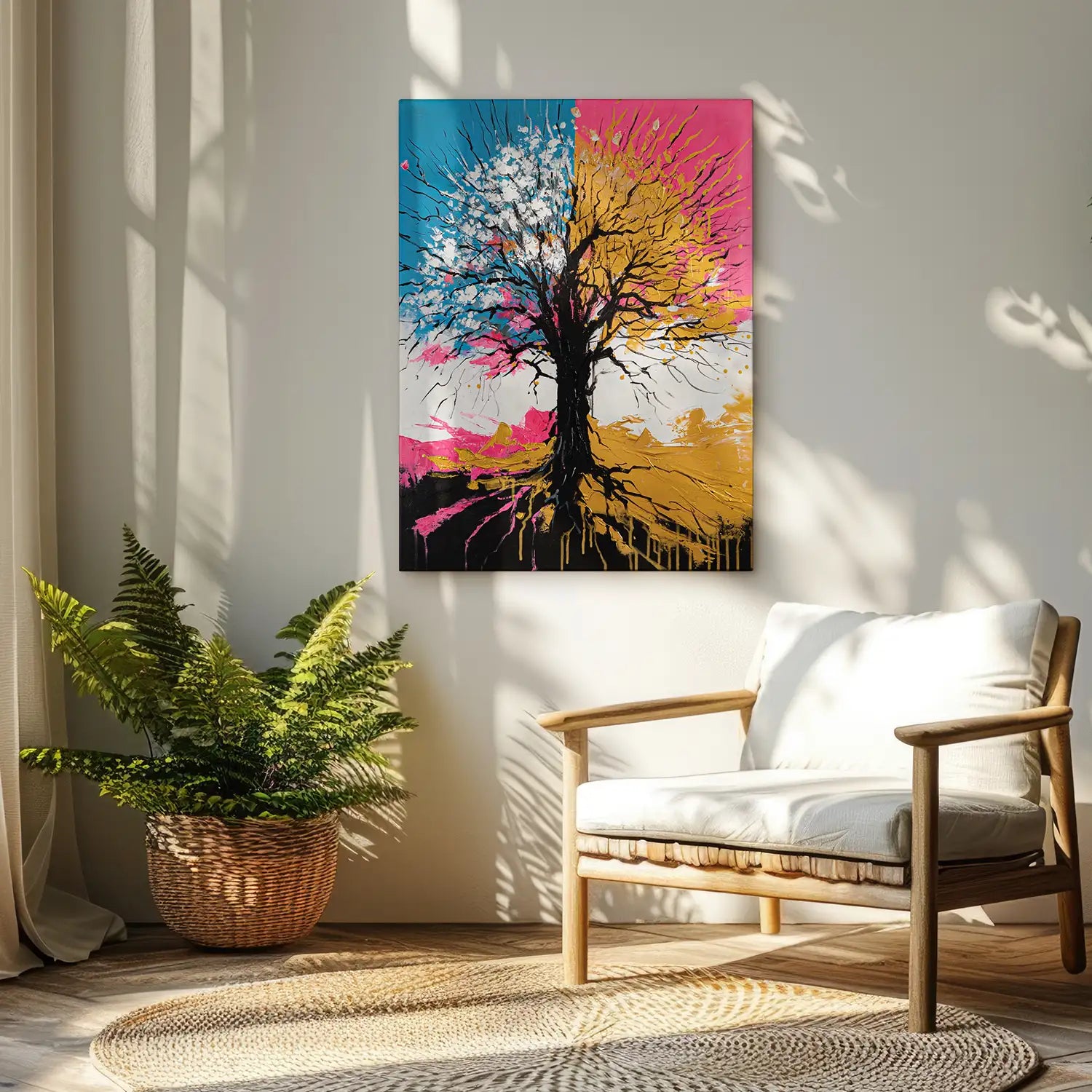 handgemaltes Gemälde 150x200 cm ohne Rahmen – ein majestätischer Baum in Petrol, Pink und Gold als Symbol für innere Stärke und Wandel – „Chromatischer Wipfel“