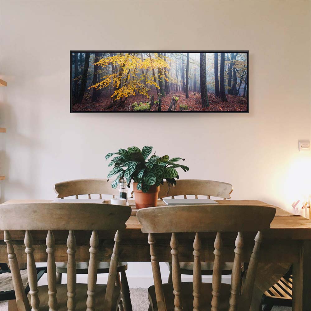 Wald & Nebel Herbst im Pfläzerwald  im schwarzen Bilderrahmen, 180x90cm