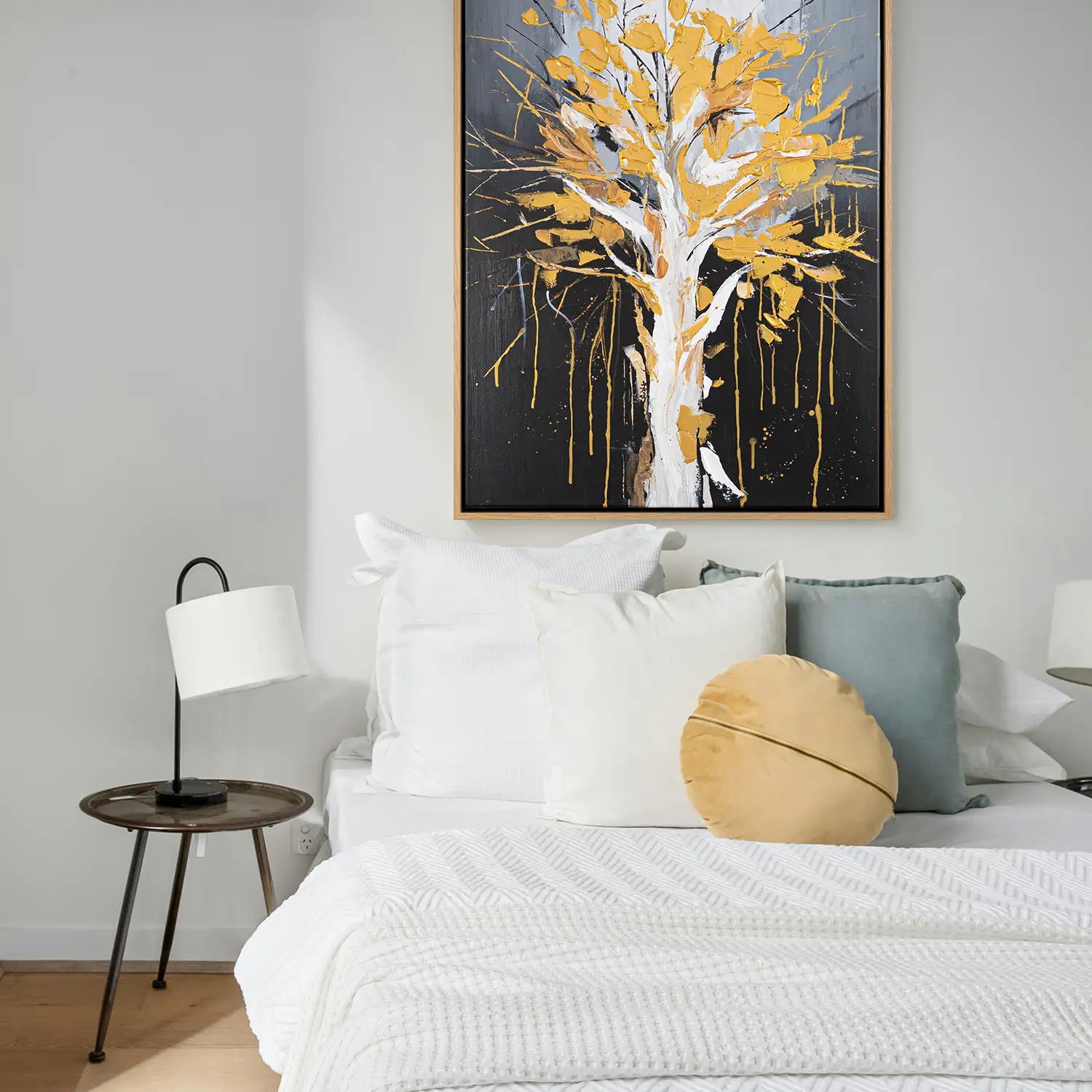 Wandbild echt handgemalt 150x200 cm im Rahmen Eiche hell, abstrakte Baumkrone in Gold und Schwarz – „Golden Leaves“