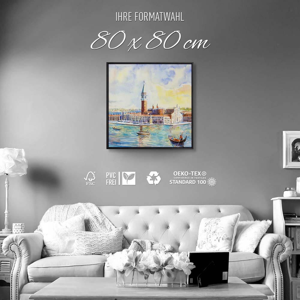 Skyline Venedig als Gemälde im schwarzen Bilderrahmen, 80x80cm