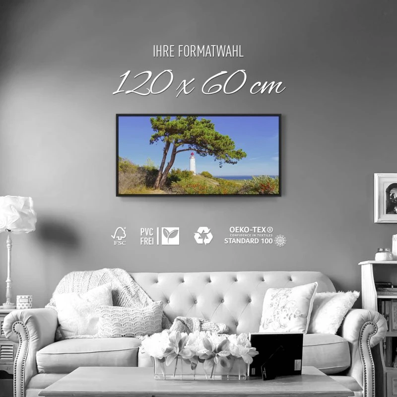Strand & Meer Leuttchtturm Hiddensee Ostsee im schwarzen Bilderrahmen, 120x60cm