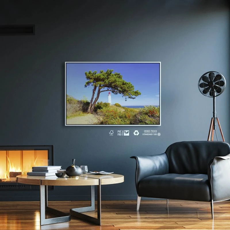 Strand & Meer Leuttchtturm Hiddensee Ostsee im weißen Bilderrahmen, 120x60cm