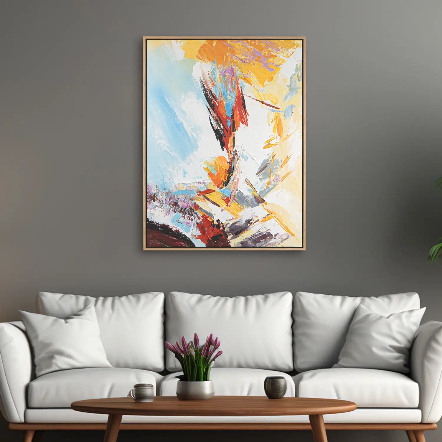 Wandbild 90x120 cm im Rahmen Eiche hell, handgemalt mit Acrylfarbe und Strukturpaste – Abstrakte Entfaltung versteckter Dimensionen in leuchtenden Rot- und Gelbtönen – „Versteckte Dimensionen“