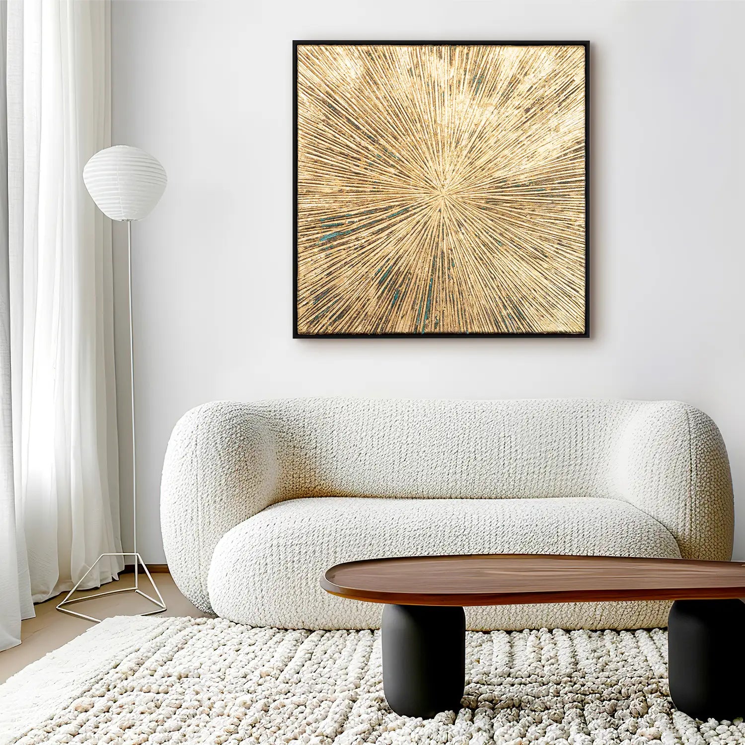 Gemälde 80x80 cm im Schattenfugenrahmen Schwarz, ein Spiel aus Licht und Schatten in Gold – „Schatten des Seins“