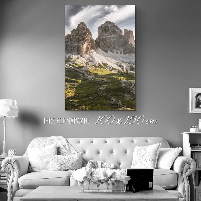 XXL Berge & Gebirge Alu-Dibond Bild im Hochformat 100x150cm, Motiv 3 Zinnen Dolomiten