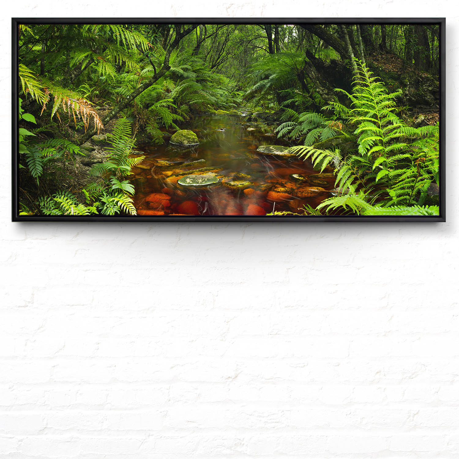 Wald & Bäume Wasserlauf im schwarzen Bilderrahmen, 110x50cm