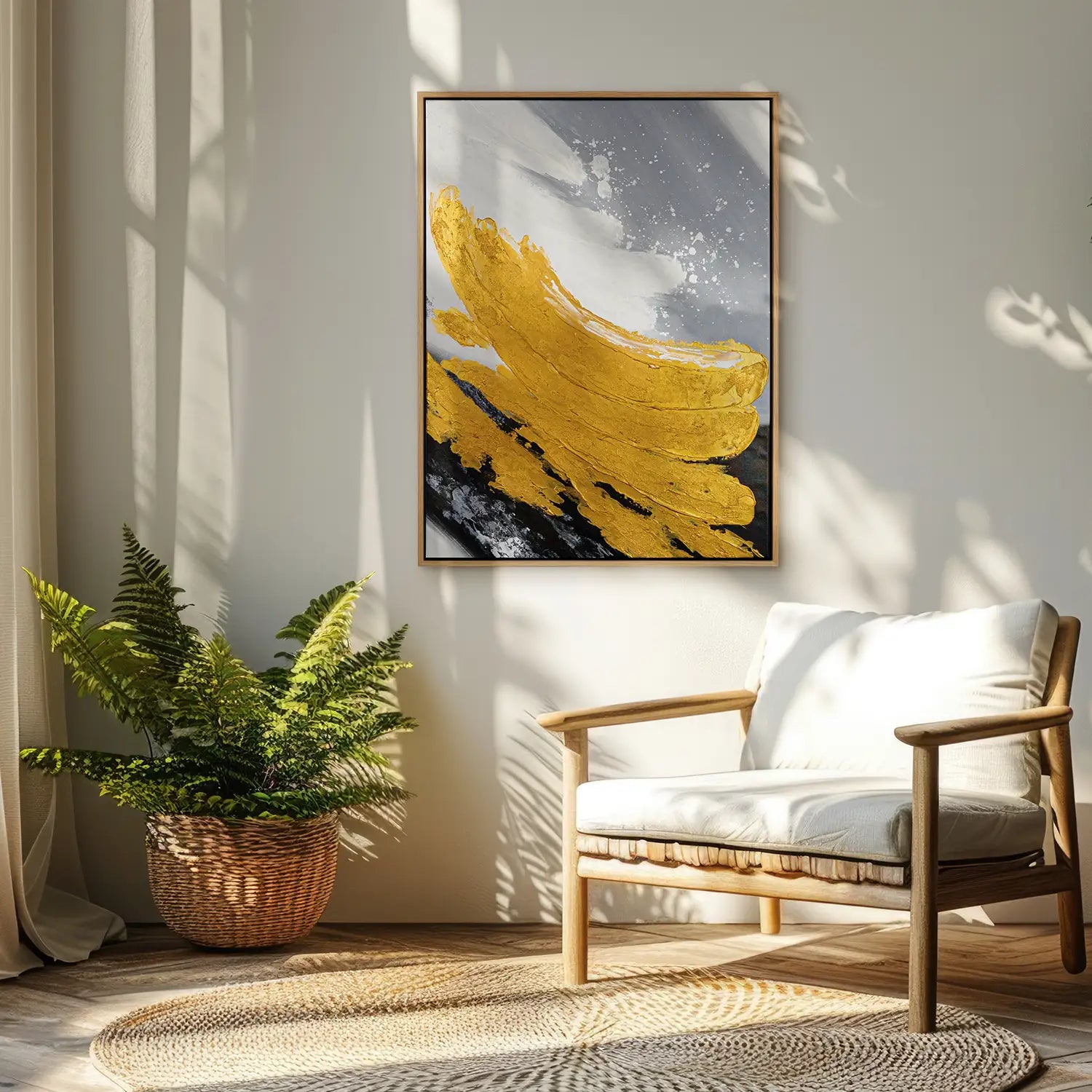 Gemälde 150x200 cm im Rahmen Eiche hell, handgemalt mit Acrylfarbe und Strukturpaste, abstrakte Komposition in Gold, Weiß, Schwarz und Grau – „Goldene Reflexionen“