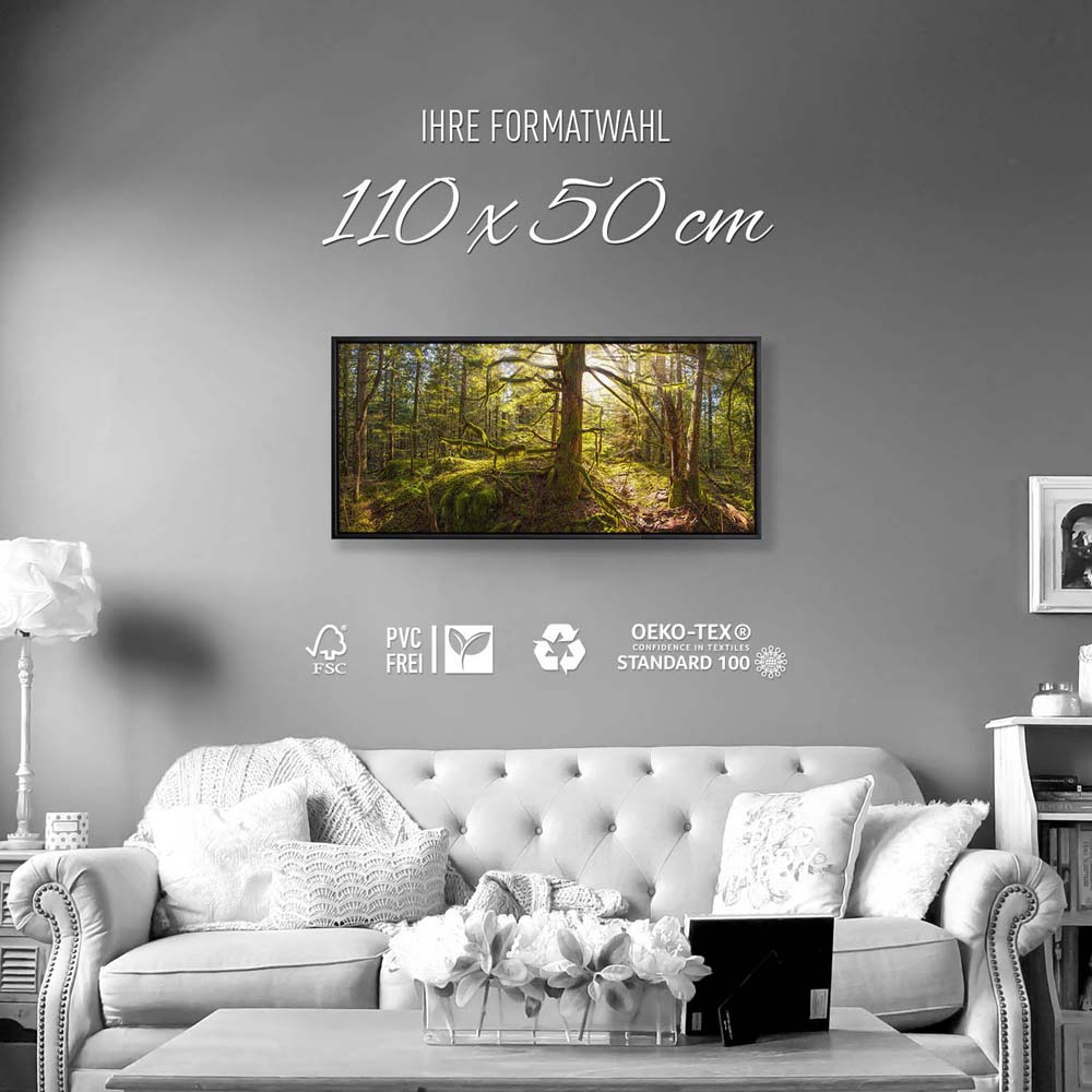 Wald Baum Sonnenhain im schwarzen Bilderrahmen, 110x50cm